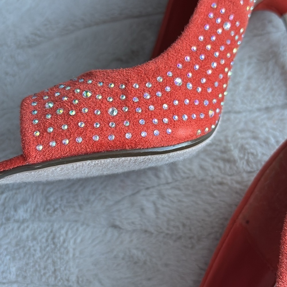 Orange Rhinestone Peek Toe Pumps - Picture 4 of 9